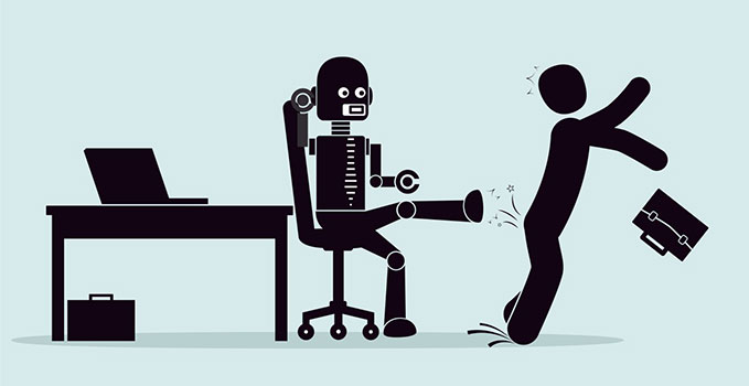 robot kicking an office worker out of the office