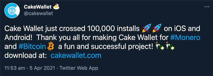 Cake wallet celebrating 100k installs on X.com