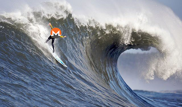 A man surfing a wave with the Monero logo on his head